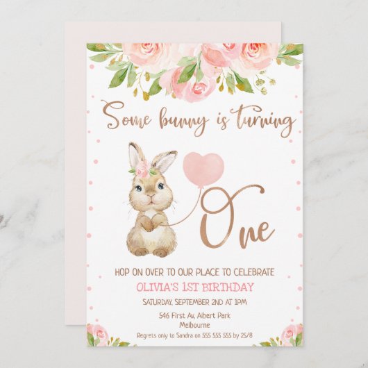 フローラピンクローズ金ゴールドいくつかのバニー1歳の誕生日 招待状 (正面/裏面)