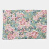 フローラピンクローズ金ゴールド水玉模様ヴィンテージグリーンブルー キッチンタオル (横)