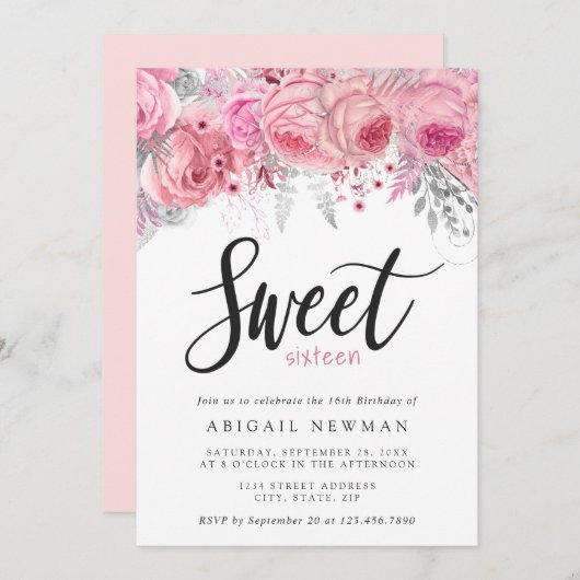 フローラピンクローズ金ゴールド銀sweet sixteen 招待状 (正面/裏面)