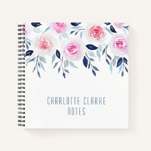 フローラピンクローゼズ水彩パーソナライズされた名 ノートブック (正面)