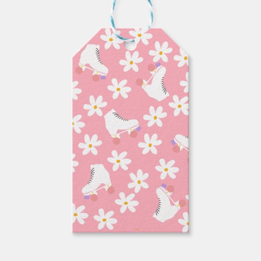 フローラピンクローラースケートスケートで滑る誕生日 ギフトタグ (正面)