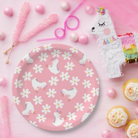 フローラピンクローラースケートスケートで滑る誕生日 ペーパープレート (パーティー)