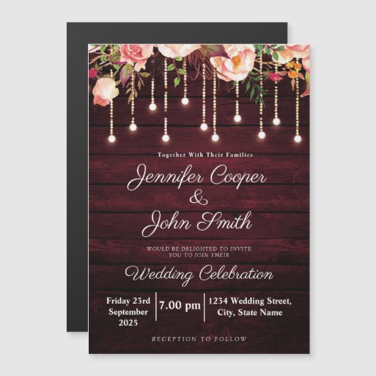 フローラピンクロ素朴ーズウッド結婚ズ マグネット招待状 (正面/裏面)