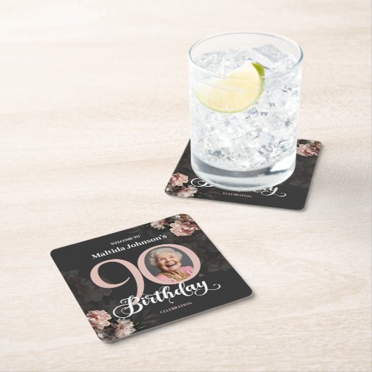 フローラピンク写真90th誕生日パーティー スクエアペーパーコースター (インサイチュ)
