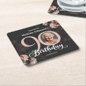 フローラピンク写真90th誕生日パーティー スクエアペーパーコースター (アングル)
