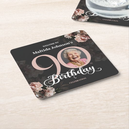 フローラピンク写真90th誕生日パーティー スクエアペーパーコースター (アングル)