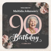 フローラピンク写真90th誕生日パーティー スクエアペーパーコースター (正面)