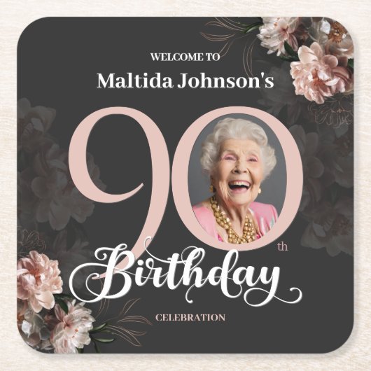 フローラピンク写真90th誕生日パーティー スクエアペーパーコースター (正面)