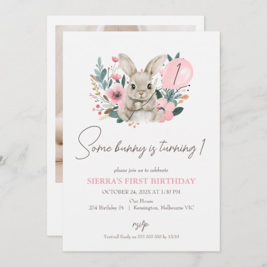 フローラピンク写真Some Bunny 1st Birthday 招待状 (正面/裏面)