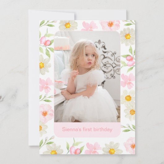 フローラピンク恋しく思フォトオネダーフル1歳の誕生日 招待状 (裏面)