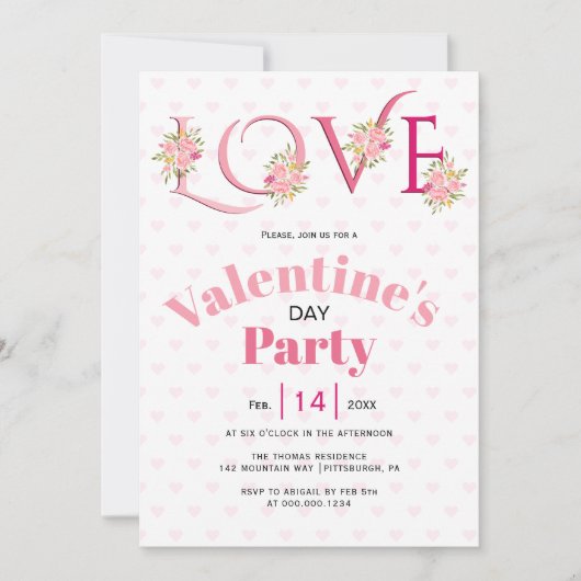 フローラピンク愛ハートバレンタインデーパーティー 招待状 (正面)