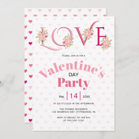フローラピンク愛ハートバレンタインデーパーティー 招待状 (正面/裏面)