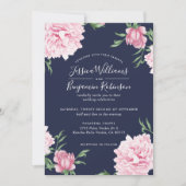 フローラピンク牡丹とネイビー背結婚景 招待状 (正面)