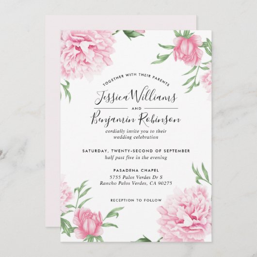 フローラピンク牡丹と白い背結婚景 招待状 (正面/裏面)