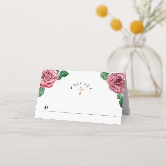 フローラピンク牡丹の宗教第1聖餐式 プレイスカード (正面)