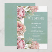 フローラピンク牡丹の水の色結婚の 招待状 (正面/裏面)