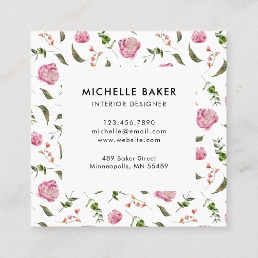 フローラピンク牡丹の水色 スクエア名刺 (裏面)
