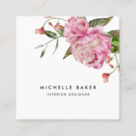 フローラピンク牡丹の水色 スクエア名刺 (正面)