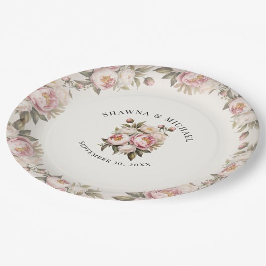 フローラピンク牡丹ウォーターカラーエレガントな結婚式 ペーパープレート (アングル)