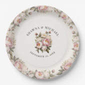 フローラピンク牡丹ウォーターカラーエレガントな結婚式 ペーパープレート (正面)