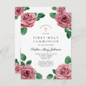 フローラピンク牡丹ガール宗教第1聖餐式 インビテーションポストカード (正面/裏面)