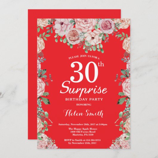 フローラピンク牡丹サプライズ30thバースデーレッド 招待状 (正面/裏面)