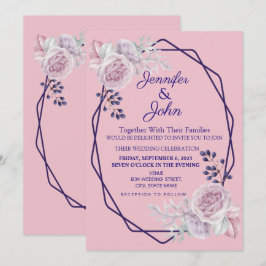 フローラピンク牡丹パープルジオメトリックフレーム結婚ズ 招待状