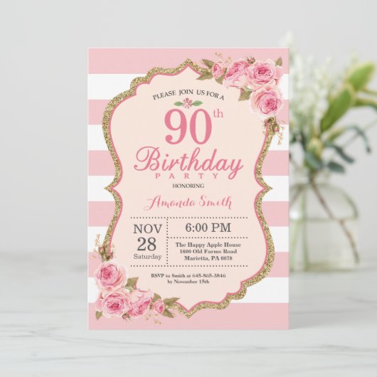 フローラピンク牡丹90th誕生日パーティーへの招待 招待状 (スタンド正面)