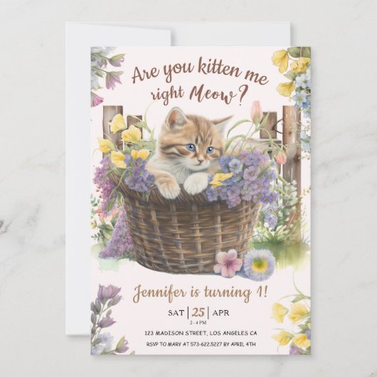 フローラピンク猫1歳の誕生日 招待状 (正面)