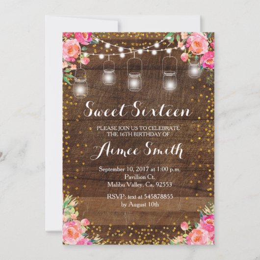 フローラピンク素朴スイーツ16誕生日カード 招待状 (正面)