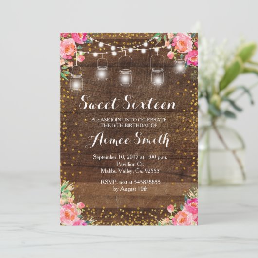 フローラピンク素朴スイーツ16誕生日カード 招待状 (スタンド正面)