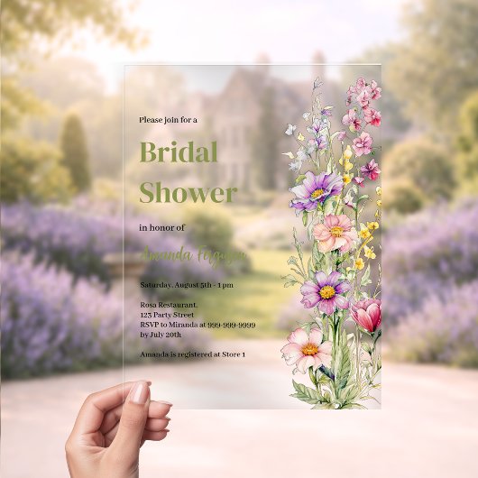 フローラピンク紫澄んブライダルシャワー アクリル招待状