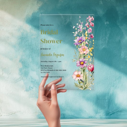 フローラピンク紫澄んブライダルシャワー アクリル招待状