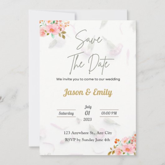 フローラピンク結婚式招待状 – 日付を保存 招待状 (正面)