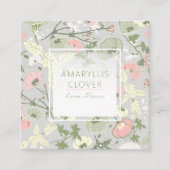フローラピンク緑のグレーパターン スクエア名刺 (正面)