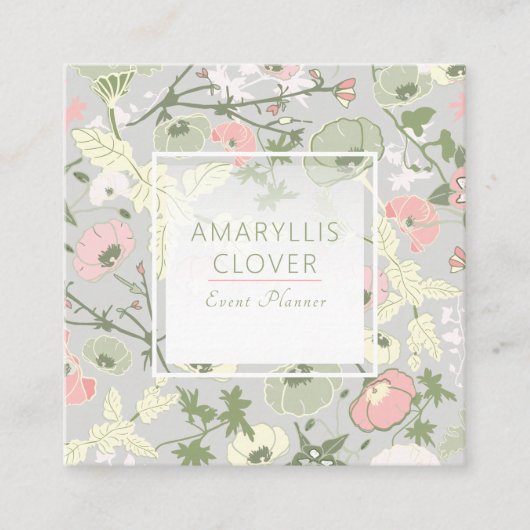 フローラピンク緑のグレーパターン スクエア名刺 (正面)
