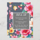 フローラピンク色の黄色い花が木炭に咲結婚く 招待状 (正面/裏面)