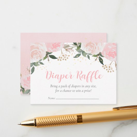 フローラピンク赤ちゃんシャワーおむつラッフル エンクロージャーカード (正面/裏面インサイチュ)