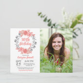 フローラピンク赤面グレイAny Ageフォト誕生日 招待状 (スタンド正面)