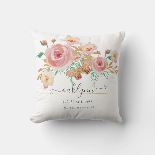 フローラピンク赤面バラベビーガール誕生統計ホワイト クッション (正面)