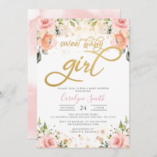 フローラピンク赤面ベビーシャワー招待状ガール 招待状 (正面/裏面)