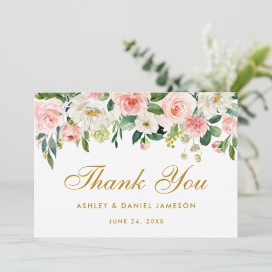 フローラピンク赤面結婚金ゴールドありがとう サンキューカード (スタンド正面)
