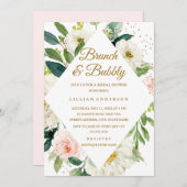 フローラピンク赤面金ゴールドブランチと泡立ち 招待状 (正面/裏面)