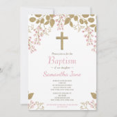 フローラピンク金ゴールドクロスベビーガールバプテスマ 招待状 (正面)