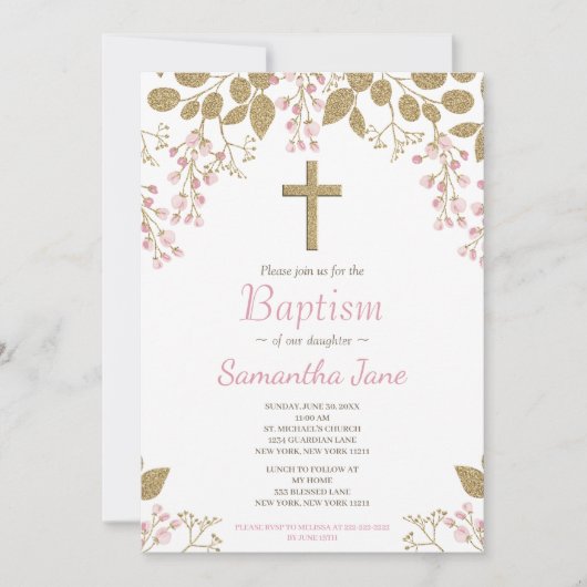 フローラピンク金ゴールドクロスベビーガールバプテスマ 招待状 (正面)