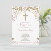 フローラピンク金ゴールドクロスベビーガールバプテスマ 招待状 (スタンド正面)