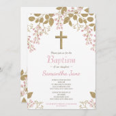 フローラピンク金ゴールドクロスベビーガールバプテスマ 招待状 (正面/裏面)