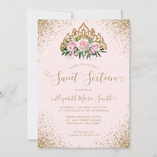 フローラピンク金ゴールドグリッターティアラスイート16誕生日 招待状 (正面)