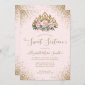 フローラピンク金ゴールドグリッターティアラスイート16誕生日 招待状 (正面/裏面)