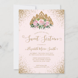 フローラピンク金ゴールドグリッターティアラスイート16誕生日 招待状